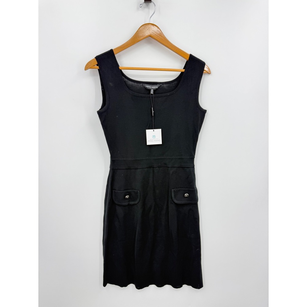 Ming Wang M11364E Knit Sleeveless Dress Women XS Black Faux Pocket Button Detail